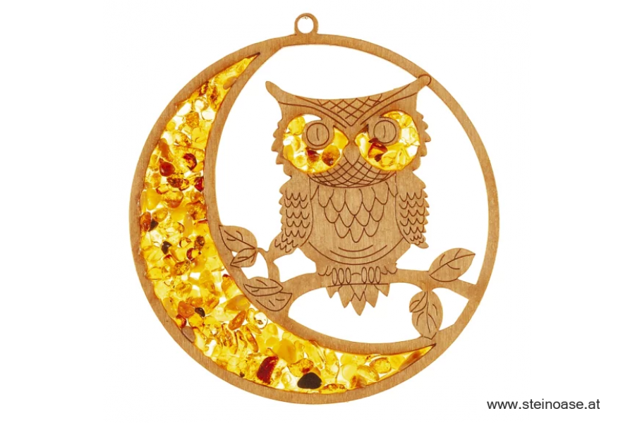 Fensterbild Suncatcher Bernstein - EULE mit MOND Ø 11cm